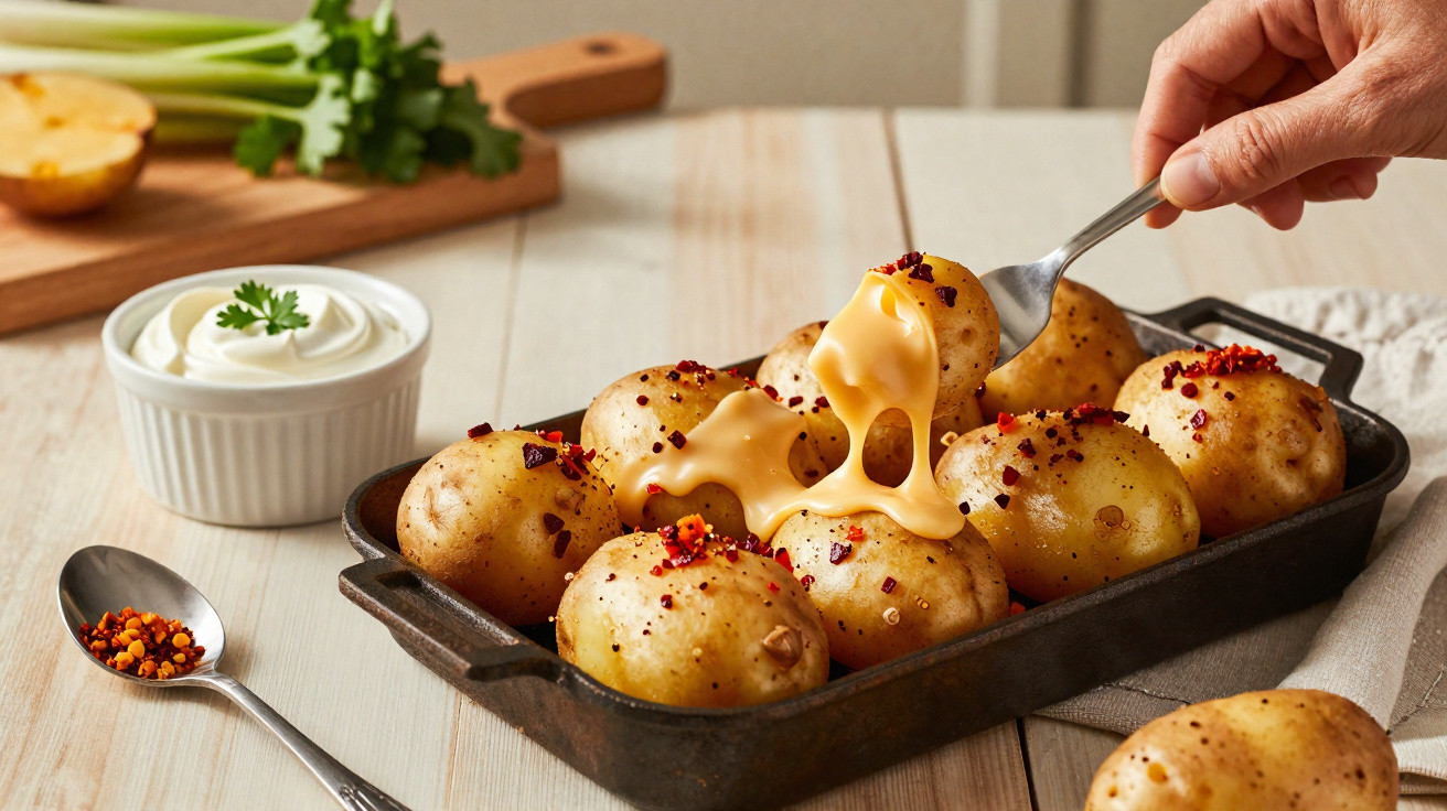 Batatas assadas com queijo derretido e especiarias numa travessa preta sobre mesa de madeira clara.