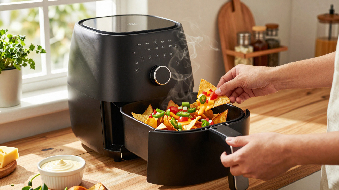 Pessoa a retirar snacks com queijo derretido e legumes de uma fritadeira elétrica preta numa cozinha iluminada.