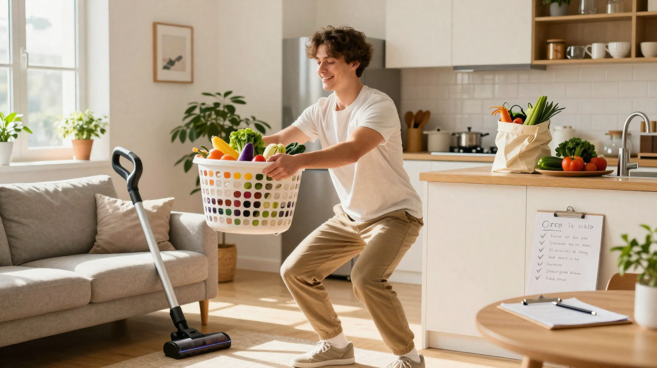 Pessoa jovem a sorrir enquanto segura um cesto de roupa cheia de legumes na cozinha moderna.
