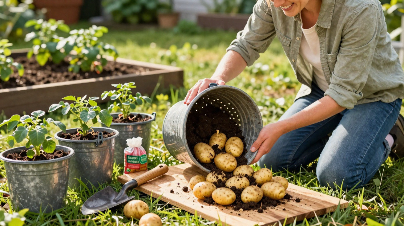 Pessoa derrama batatas recém-colhidas de um balde sobre uma tábua de madeira no jardim.