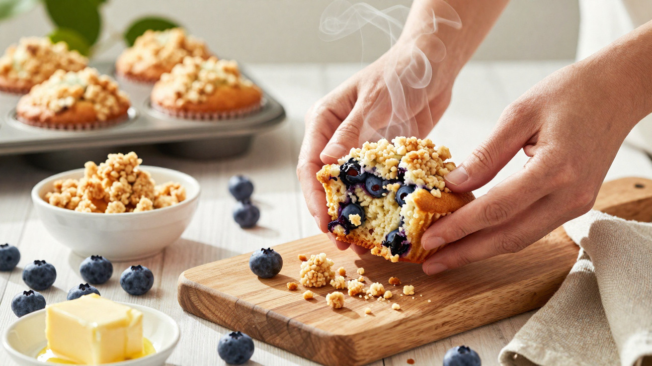 Pessoa a partir ao meio um muffin quente de mirtilos com cobertura crocante numa tábua de madeira.