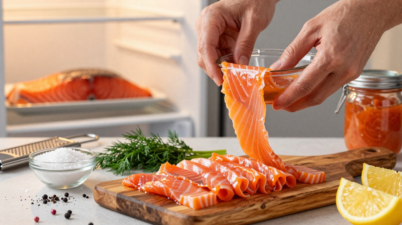 Mãos a marinar fatias finas de salmão sobre tábua de madeira com ervas, especiarias e limão.
