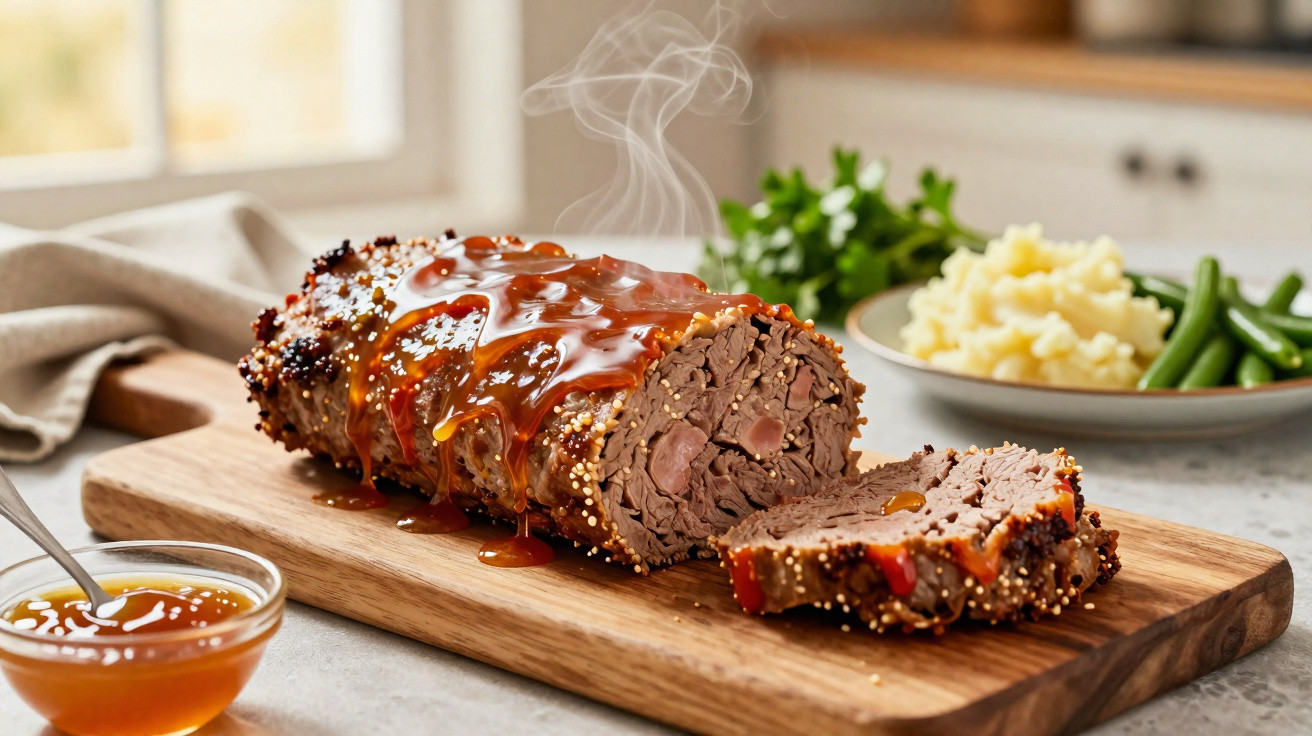 Rolo de carne quente com molho caramelizado, servido numa tábua de madeira com puré e legumes ao fundo.