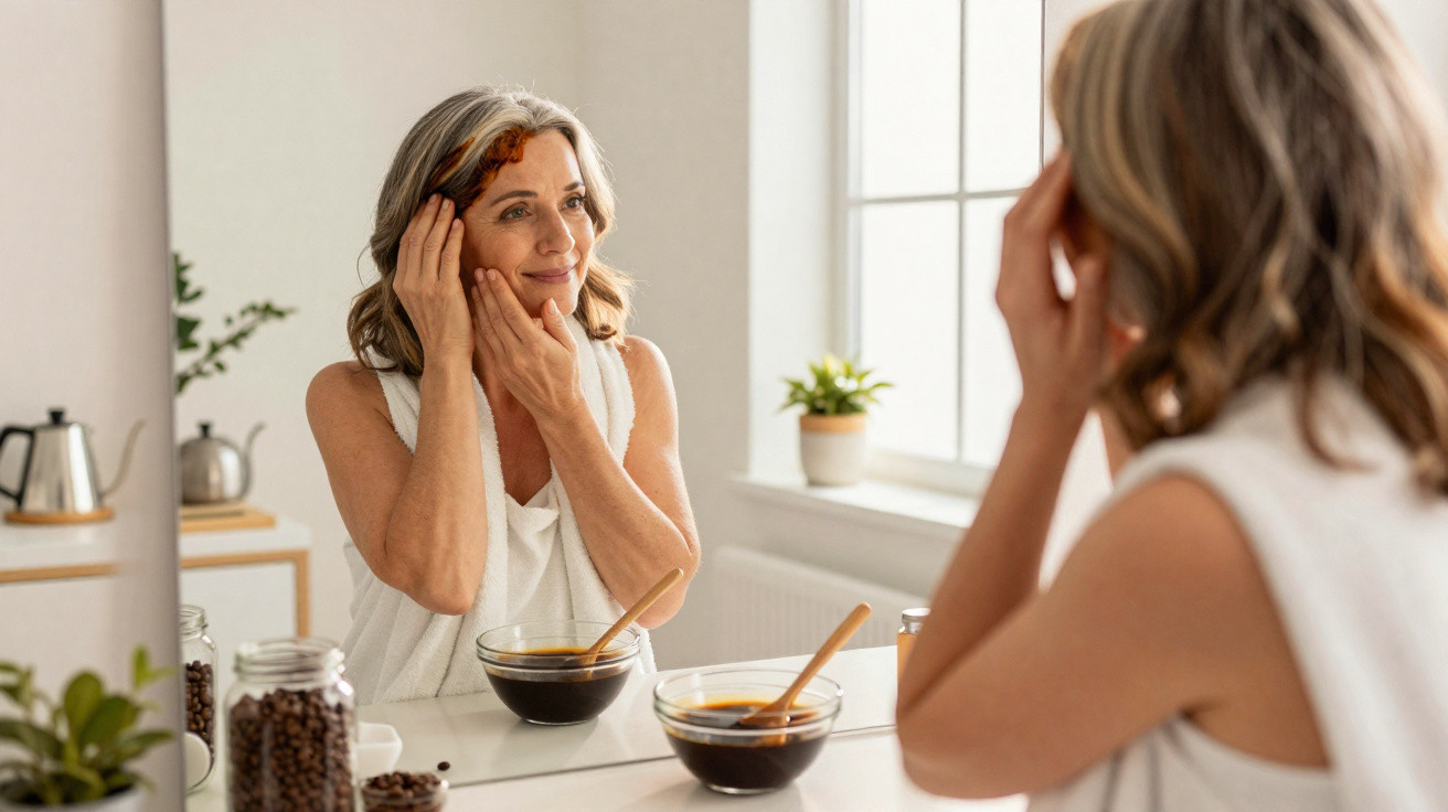 Mulher madura aplica máscara facial caseira à base de café, olhando-se ao espelho, em ambiente luminoso e acolhedor.