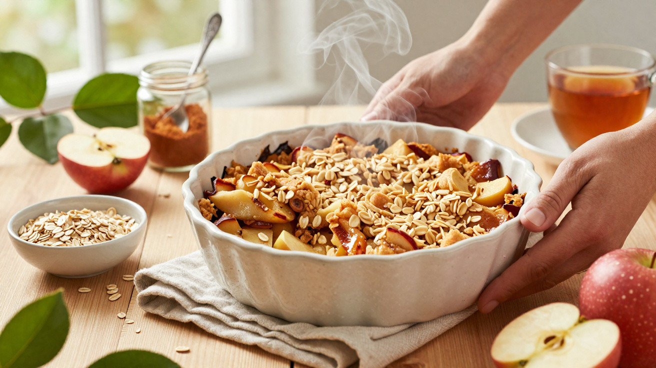 Mãos seguram prato com crumble quente de maçã e aveia, com chá e maçãs frescas numa mesa de madeira.