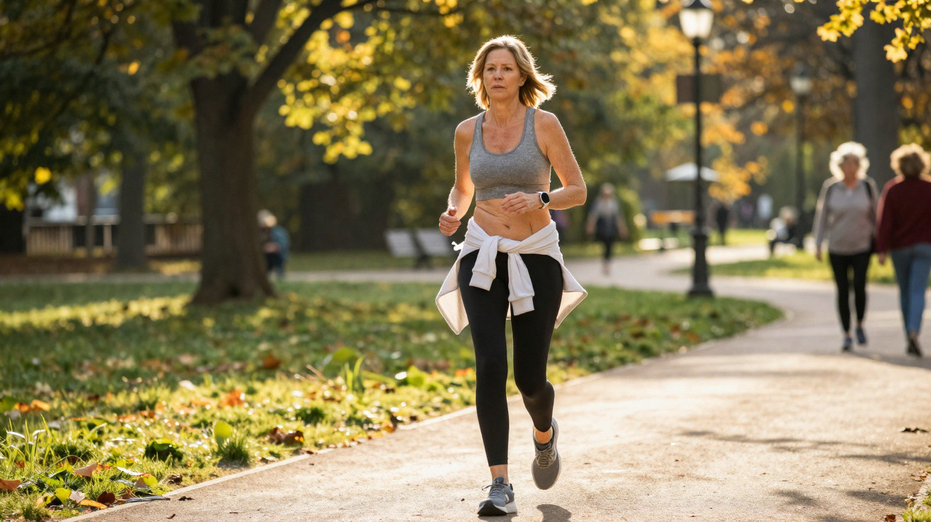 Mulher a correr num parque ensolarado com roupas desportivas, árvores e pessoas ao fundo.