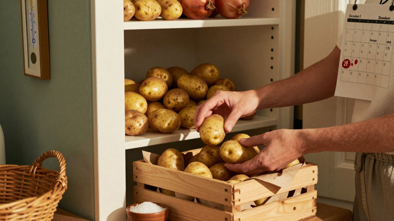 Pessoa a organizar batatas numa caixa de madeira numa despensa com prateleiras cheias de mais batatas.