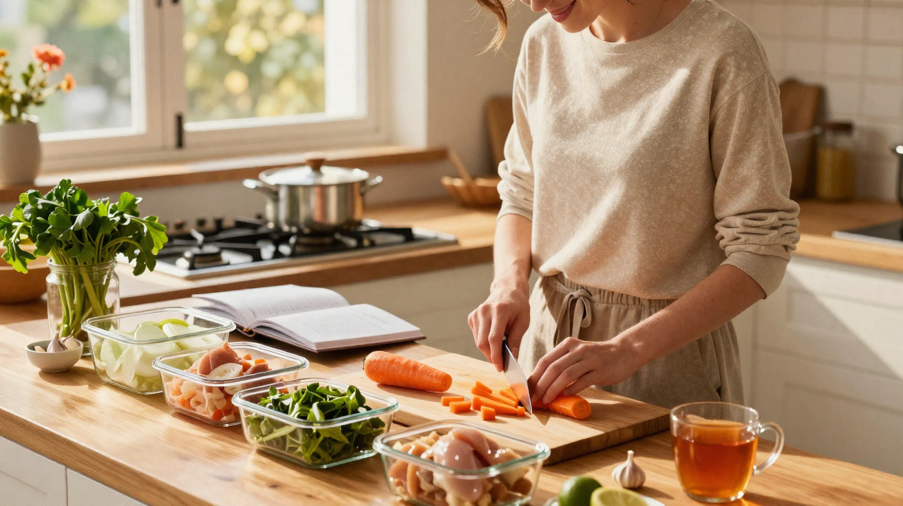 Pessoa a cortar cenoura numa cozinha luminosa com vários ingredientes frescos e um livro aberto.