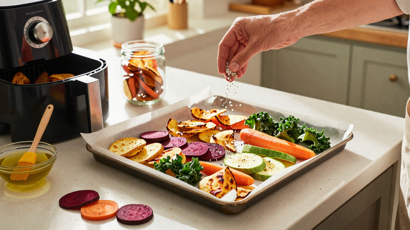 Mão a temperar legumes fatiados numa travessa para cozinhar na airfryer numa cozinha moderna e iluminada.