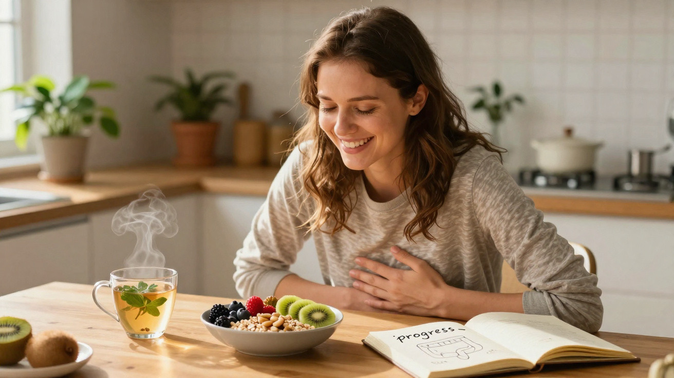 Mulher sorridente à mesa com chá quente, tigela de frutas e livro aberto numa cozinha luminosa.