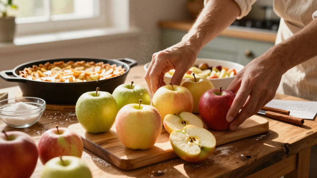 Pessoa a preparar maçãs sobre tábua numa cozinha com ingredientes para sobremesa ao fundo.
