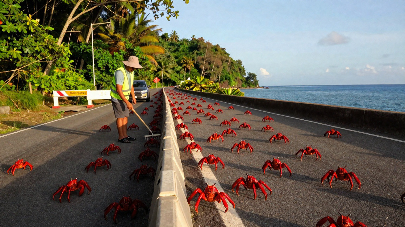 Homem com colete reflector ajuda caranguejos vermelhos a atravessar estrada junto ao mar.