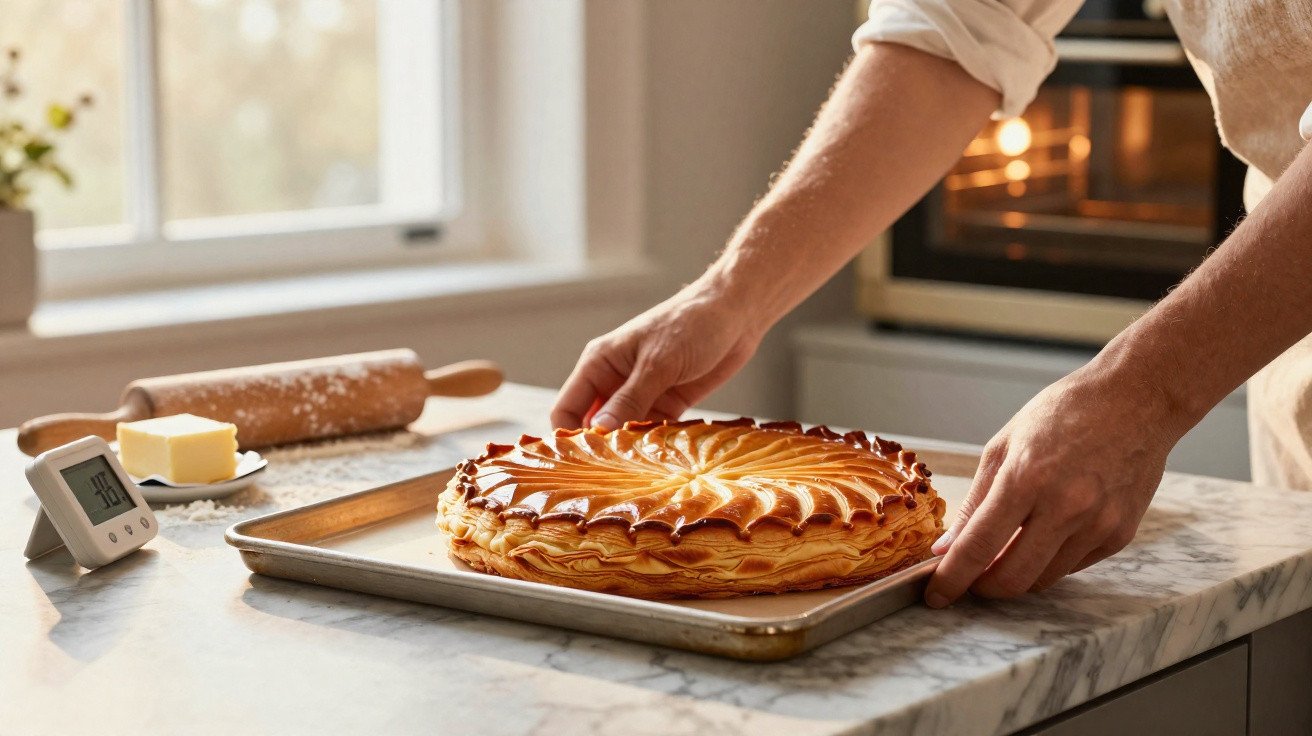 Pessoa a colocar torta dourada numa forma metalizada numa cozinha moderna com forno ao fundo