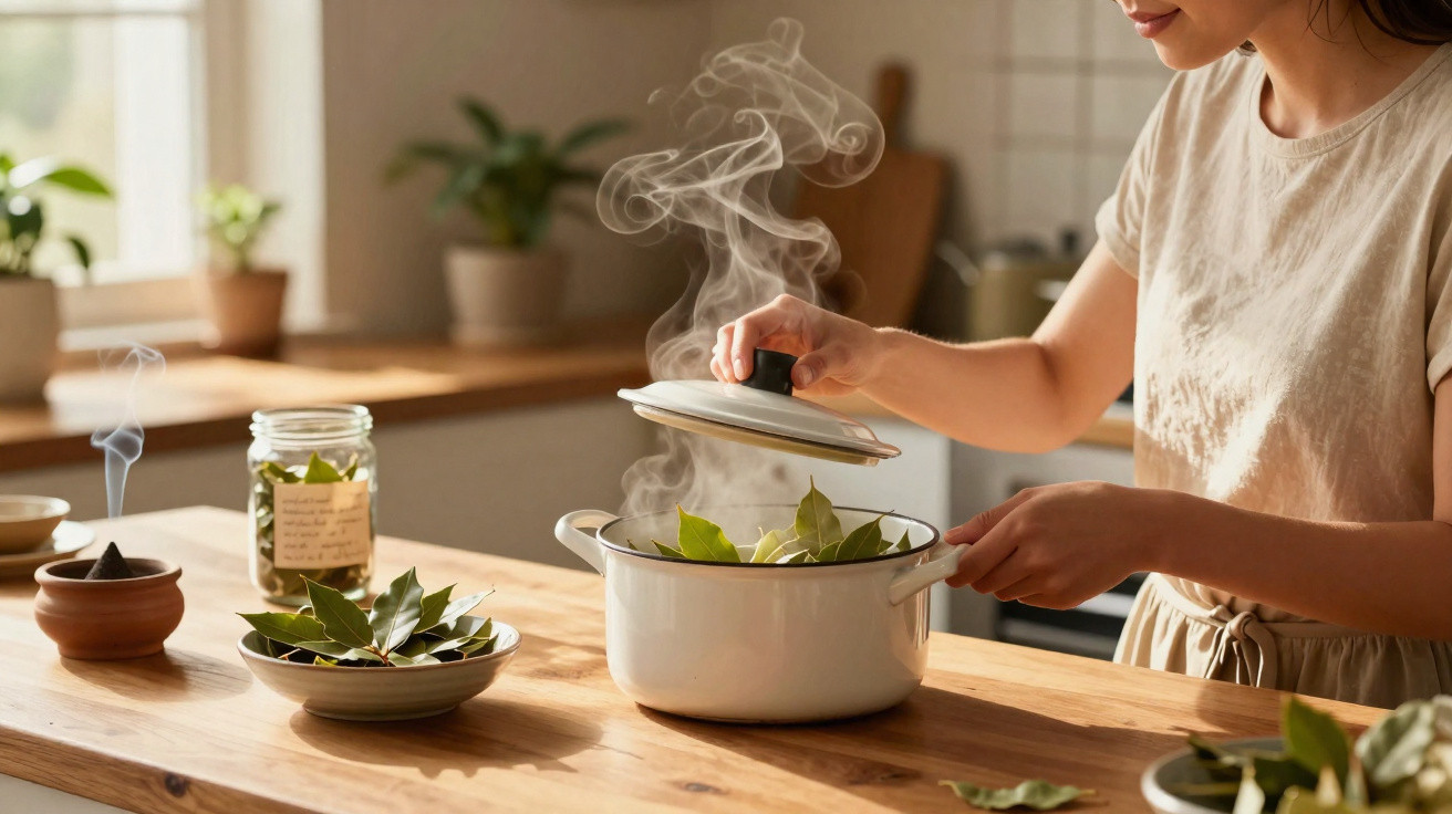 Mulher a cozinhar com folhas de louro numa panela branca numa cozinha luminosa e acolhedora.