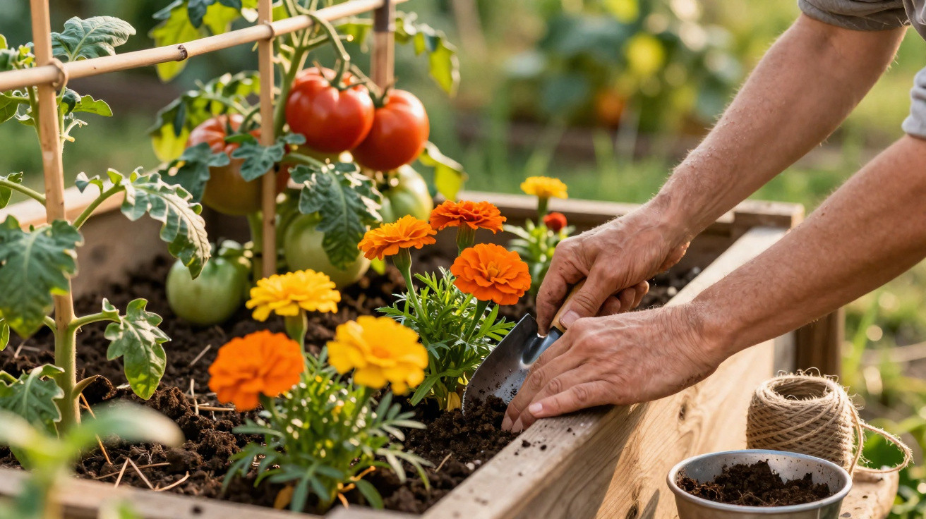 Mãos a plantar flores cor de laranja e amarelo num canteiro ao lado de plantas de tomate com frutos maduros.