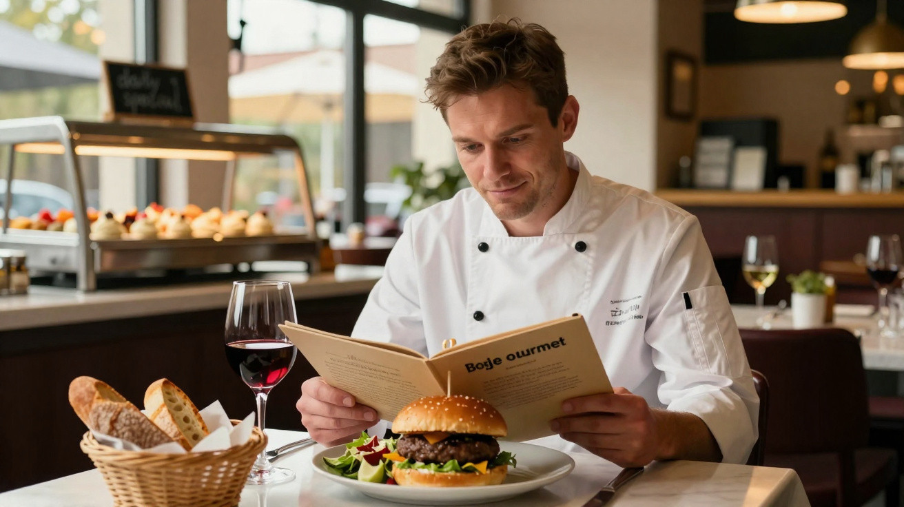 Homem com bata de chef a ler um menu sentado numa mesa com hambúrguer, vidro de vinho tinto e cesta de pão.