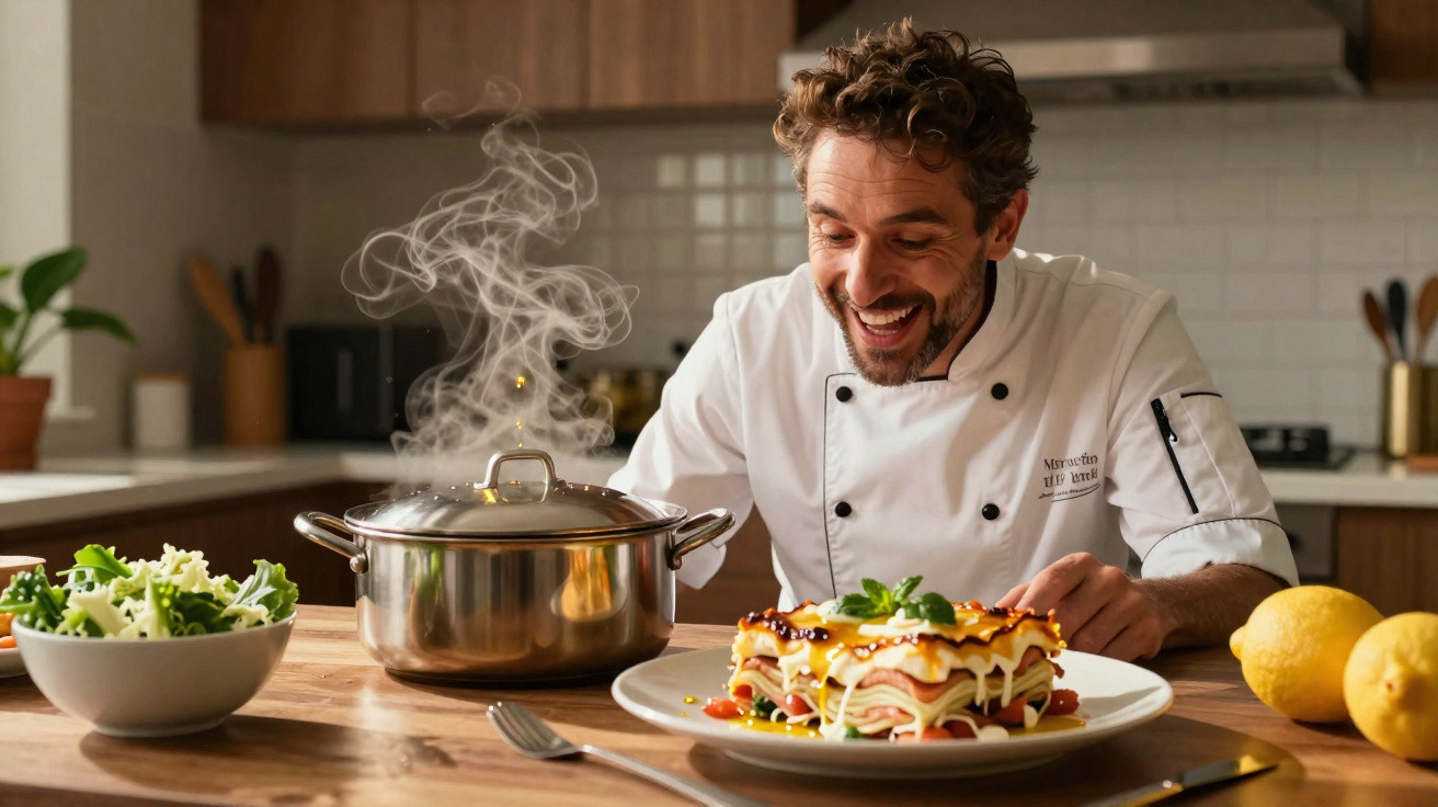 Chef feliz a olhar para um prato de lasanha com vapor a sair de panela na cozinha moderna.
