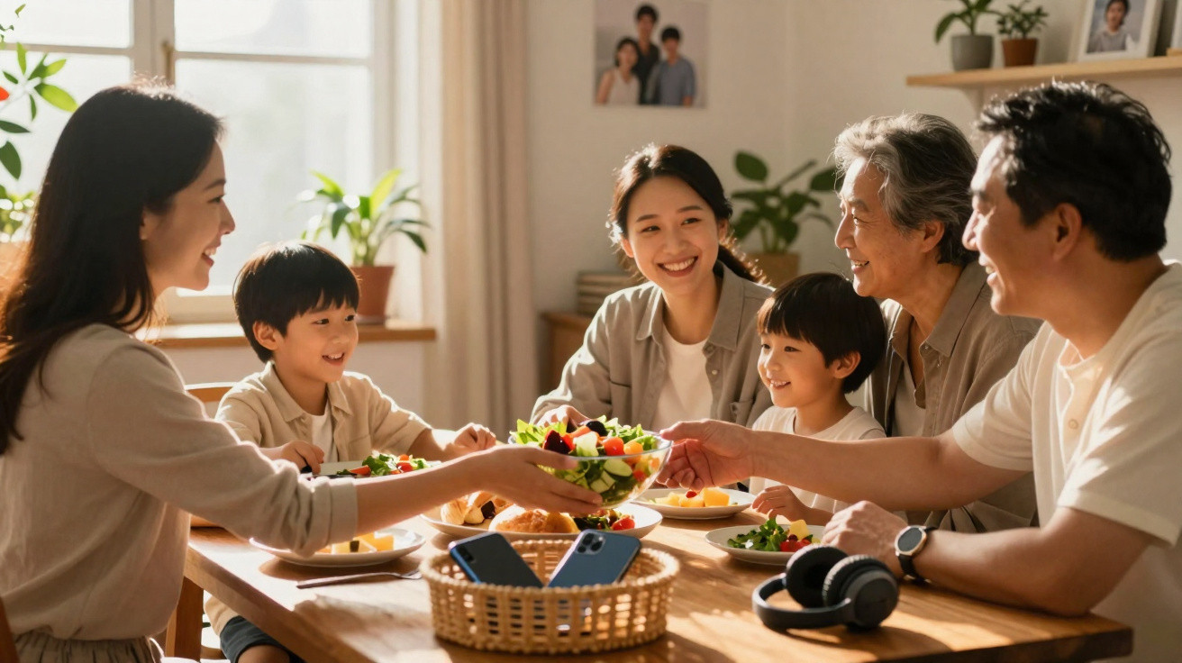 Família asiática multigeracional a partilhar uma refeição alegre à mesa de jantar em casa iluminada.