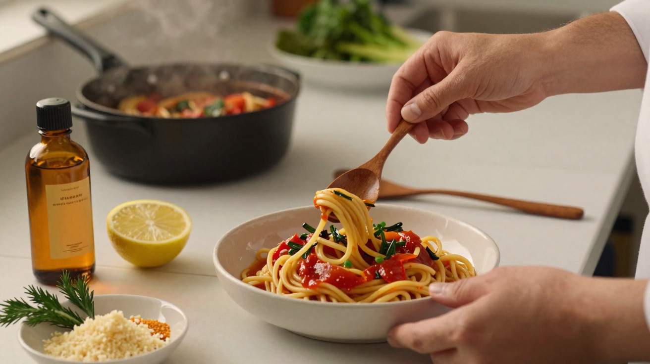 Pessoa a servir esparguete com molho de tomate e ervas num prato branco numa bancada de cozinha.