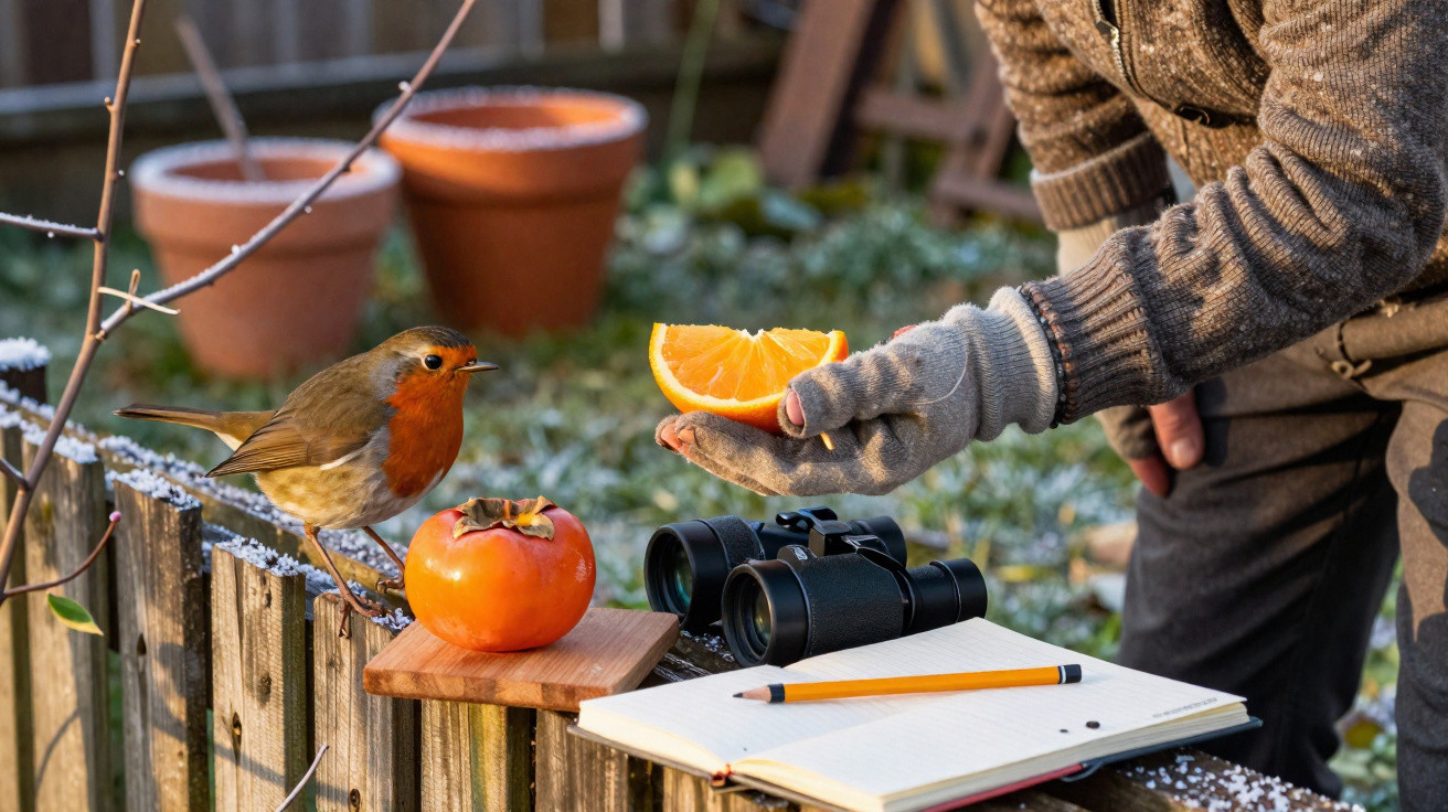 Pássaro na vedação junto a uma caqui, com pessoa a oferecer fatia de laranja ao ar livre, neve leve.