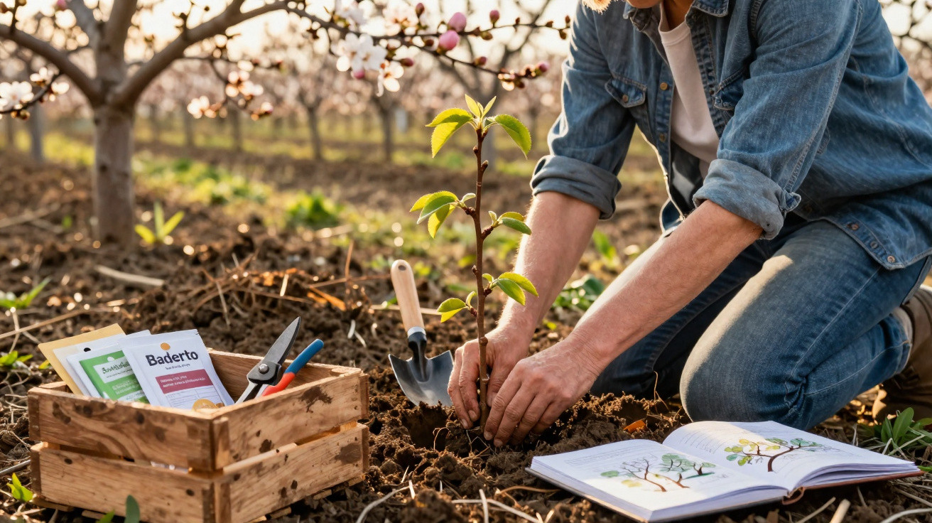 Pessoa a plantar uma muda numa pomar em flor, com ferramentas e livro de jardinagem ao lado.
