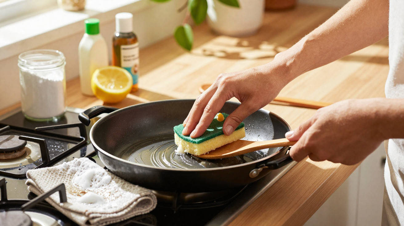 Pessoa a limpar uma frigideira preta com uma esponja em cozinha com bancada e produtos de limpeza.