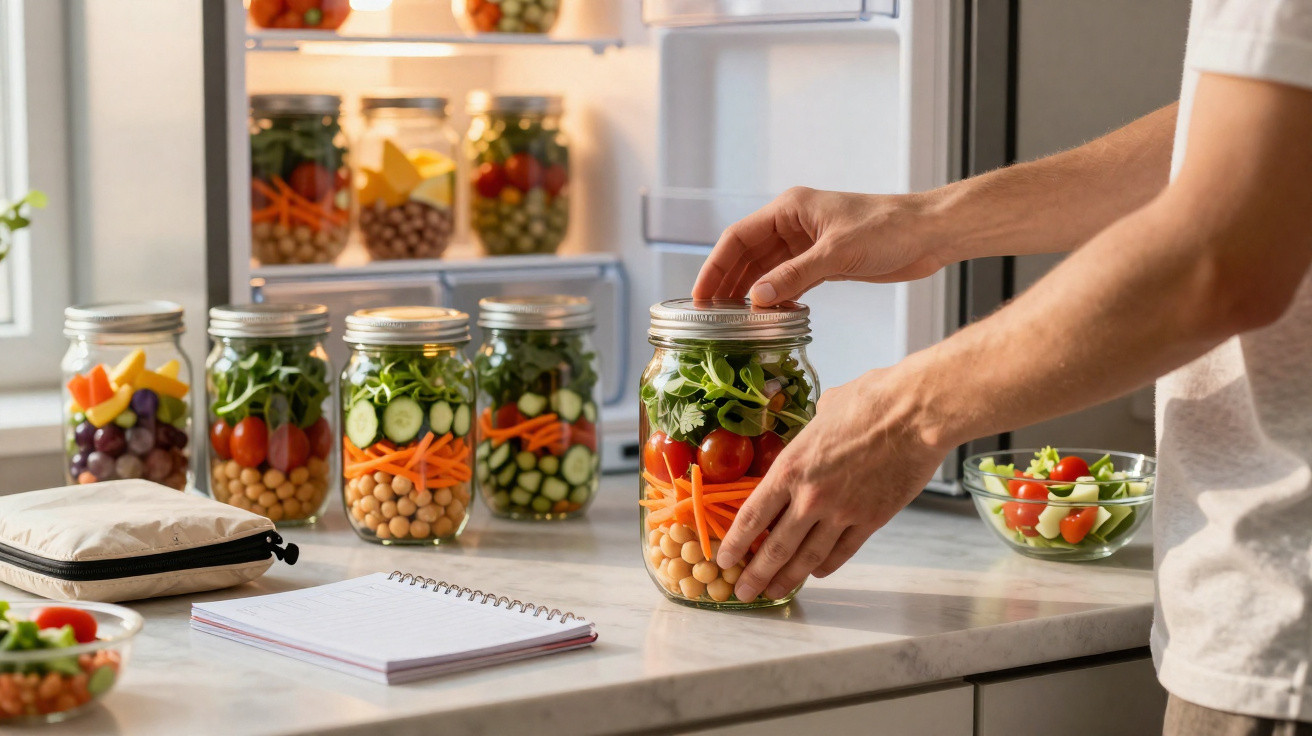 Mãos a fechar frasco com salada de grão, cenoura, tomate, pepino e espinafres em cozinha luminosa.