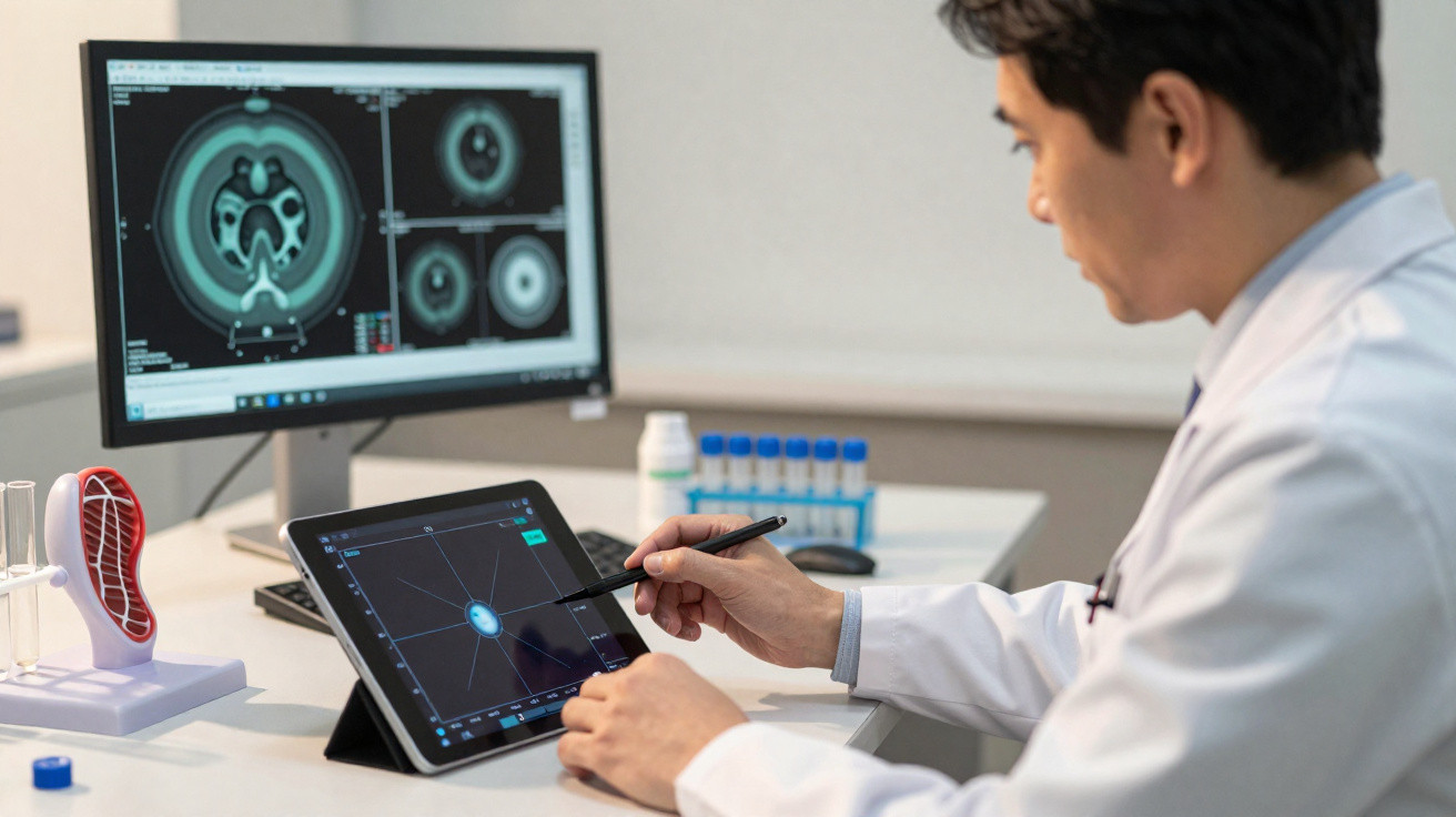 Médico em bata branca analisa imagens médicas num tablet e num ecrã de computador num consultório.