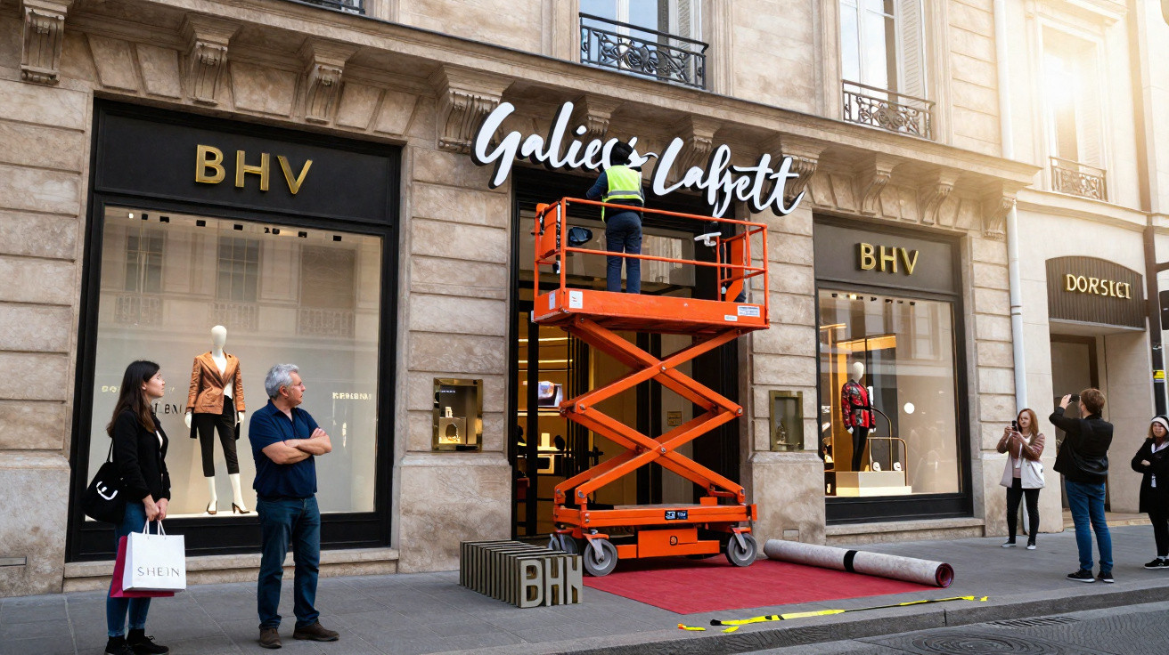Trabalhador numa plataforma elevatória a instalar letreiro da loja Galeries Lafayette numa rua com transeuntes.