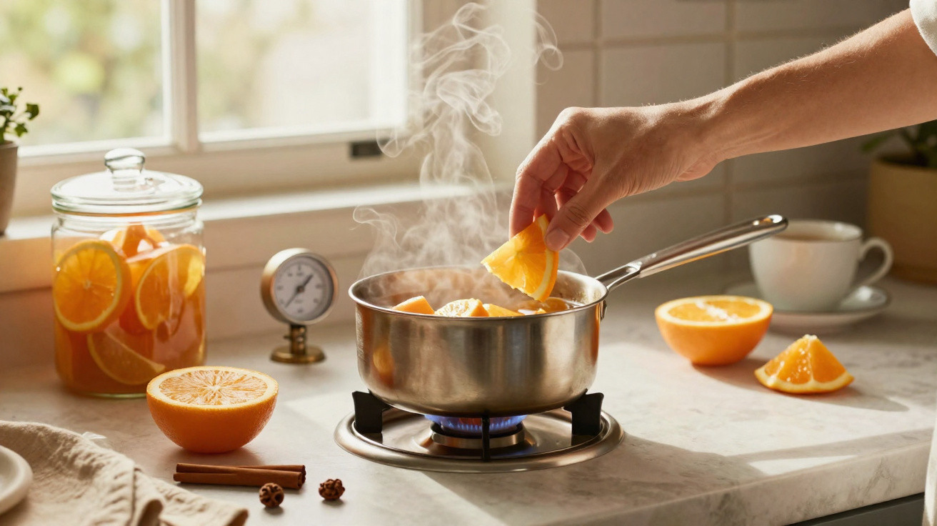 Mão a colocar fatias de laranja em panela a ferver numa cozinha com jarra de infusão e especiarias na bancada.