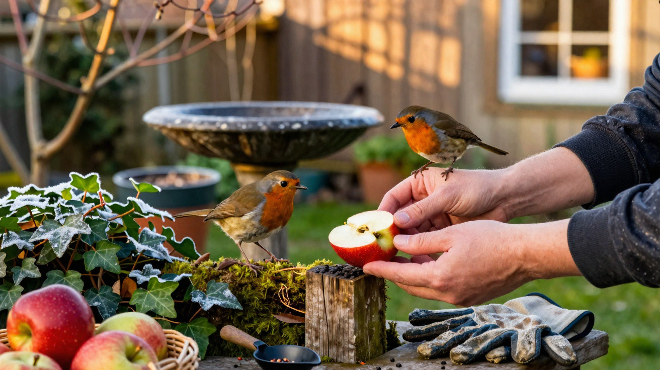 Mãos a alimentar dois pisco-de-peito-ruivo com uma maçã partida num jardim com plantas e aves.