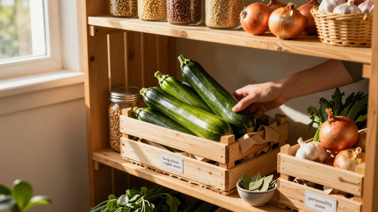 Prateleira de madeira com caixas de legumes, legumes e especiarias em frascos de vidro e mão a pegar courgette.