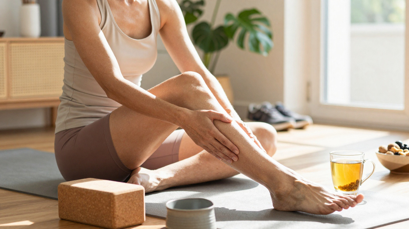 Pessoa sentada numa esteira de yoga a massajar a perna num ambiente iluminado e relaxante.