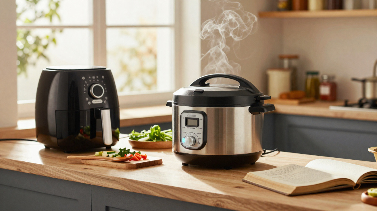 Panela elétrica a cozinhar com vapor, fruteira, tábua de cortar com legumes e fritadeira na bancada de cozinha.