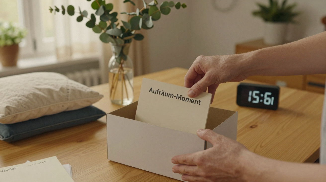Pessoa a colocar cartão "Aufräum-Moment" numa caixa sobre mesa de madeira com relógio digital ao fundo.