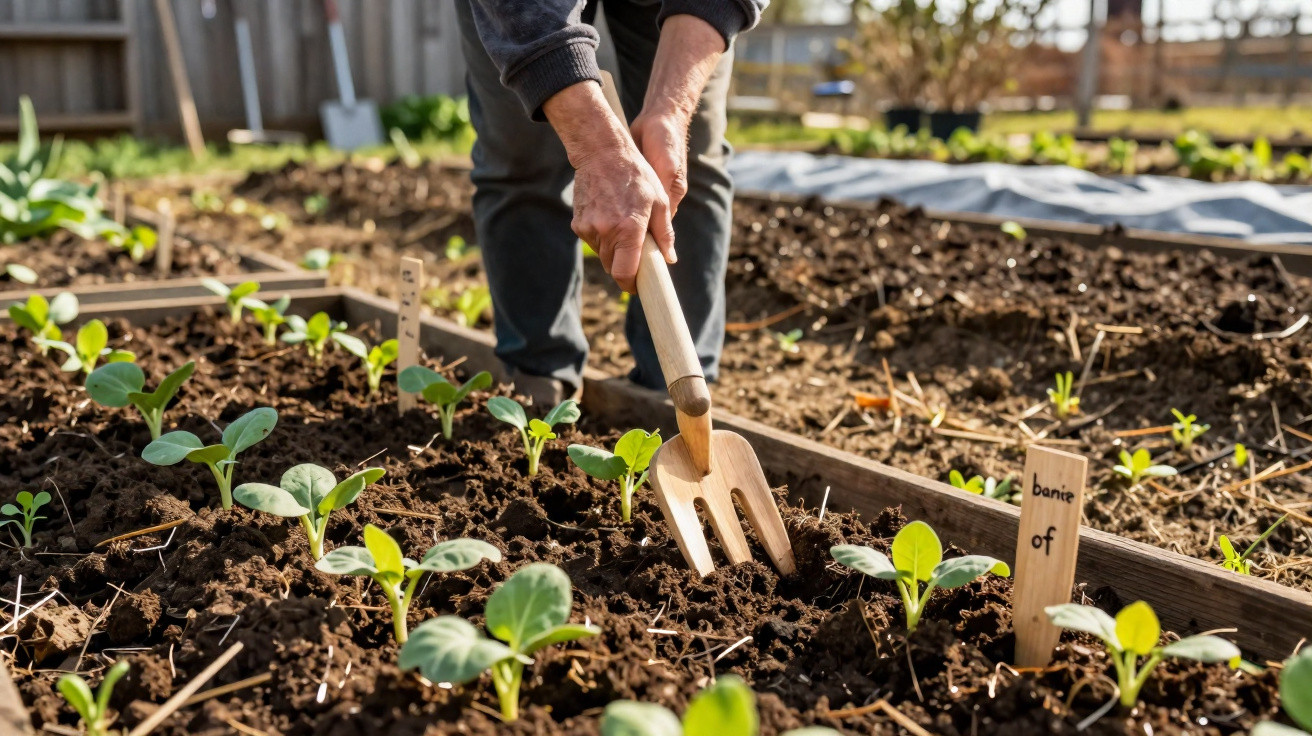 Pessoa a cuidar de plantas jovens numa horta usando uma ferramenta de jardinagem de madeira.