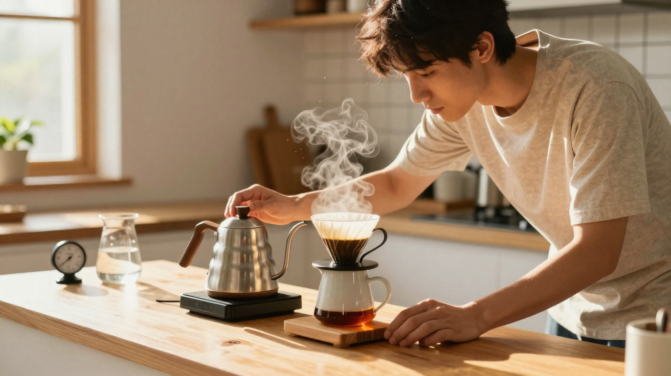 Homem a fazer café filtrado com chaleira e suporte de vidro numa cozinha iluminada.