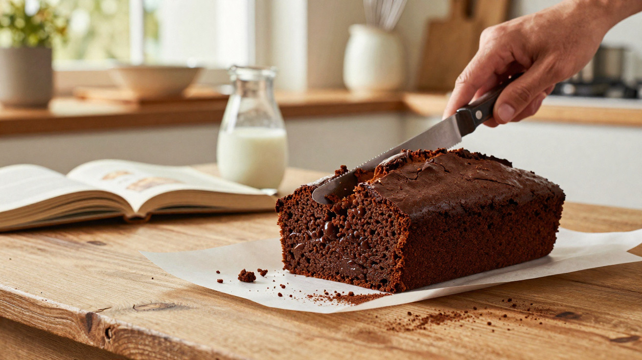 Bolo de chocolate a ser cortado com faca sobre papel branco numa tábua de madeira.