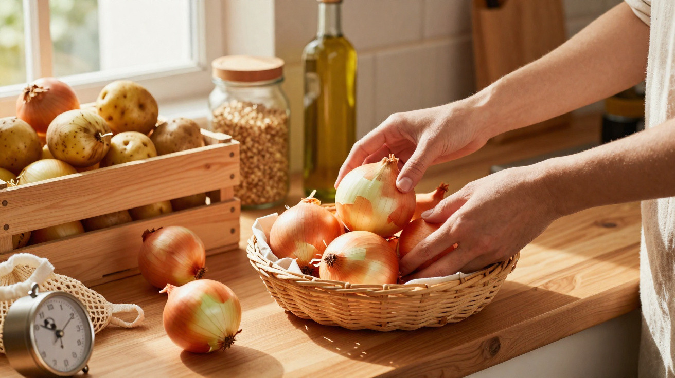 Mãos a colocar cebolas numa cesta sobre uma bancada de cozinha com batatas e condimentos ao fundo.