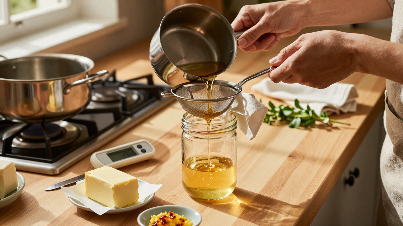 Pessoa a coar líquido dourado para um frasco de vidro numa cozinha iluminada a gás.