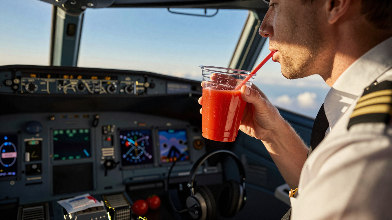 Piloto dentro do cockpit a beber sumo vermelho com palhinha, com comandos e ecrãs visíveis ao fundo.
