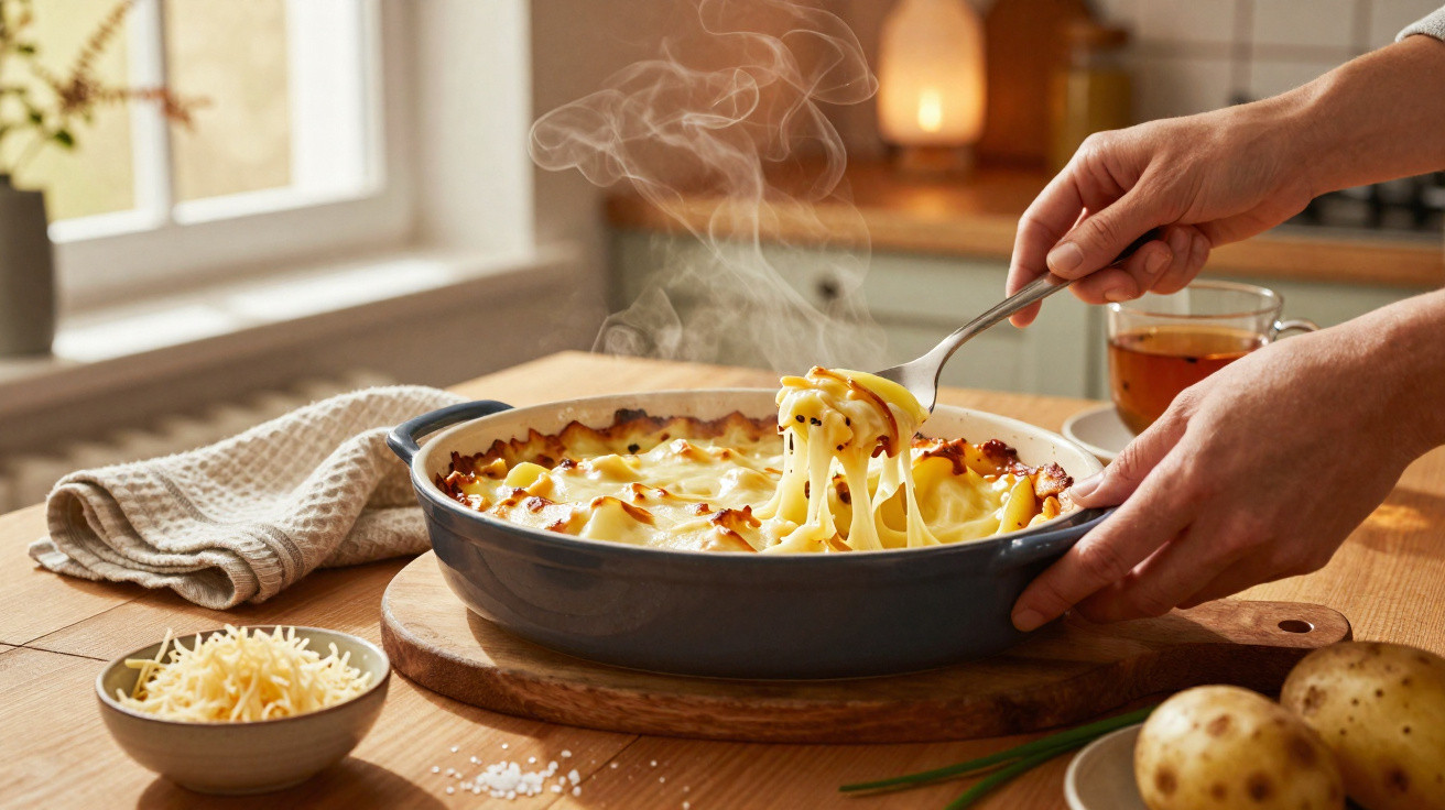 Mãos servem massa gratinada quente numa travessa azul, com queijo ralado e batatas na mesa de madeira.