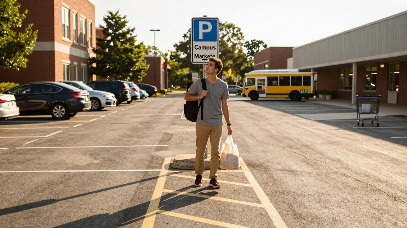 Homem jovem a caminhar num parque de estacionamento junto a um mercado com sacos de compras e mochila.