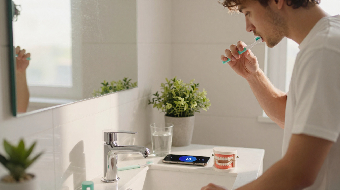 Homem a escovar os dentes numa casa de banho moderna com plantas e smartphone na pia.