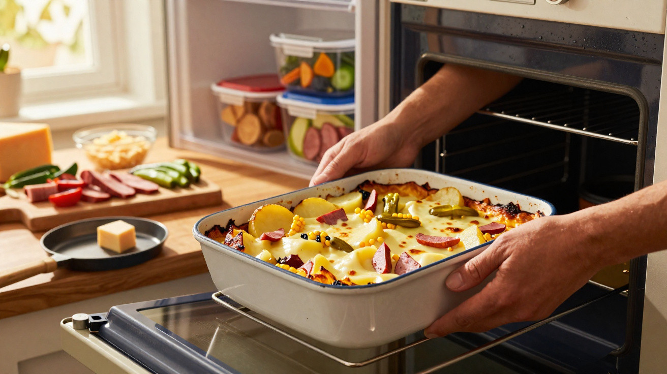 Pessoa a colocar uma travessa de forno com batatas gratinadas e legumes no forno da cozinha.
