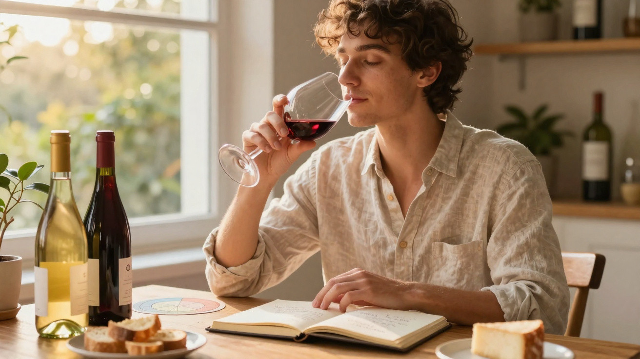 Homem a provar vinho tinto enquanto lê um livro numa mesa com garrafas de vinho e comida.