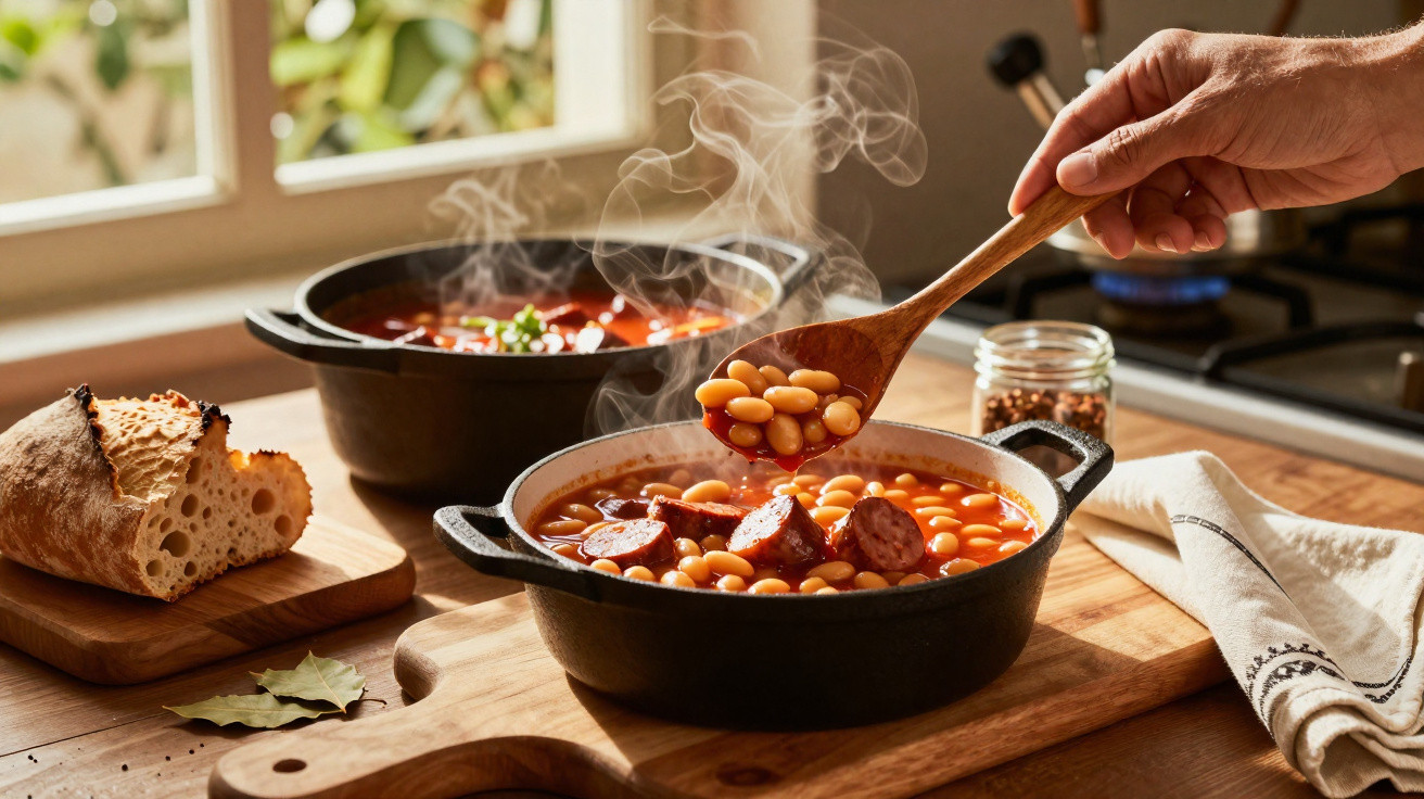 Mão a servir feijoada fumegante com chouriço e feijão, pão rústico e panela de ferro em cozinha iluminada.