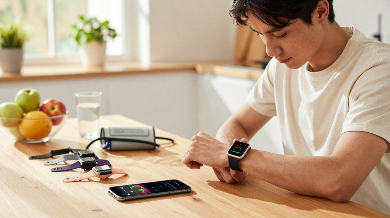 Homem sentado à mesa a verificar dados de saúde num relógio inteligente, com smartphone e tensiómetro à frente.