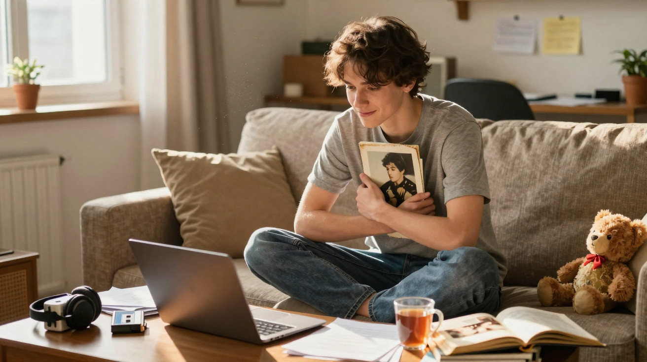 Jovem sentado no sofá a segurar uma foto antiga e a olhar para um computador portátil à sua frente.