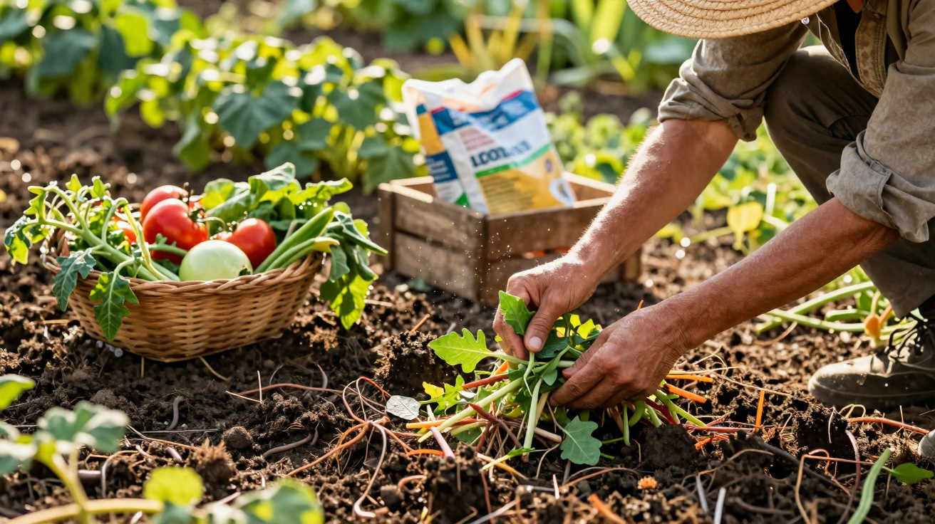 Pessoa a colher plantas verdes num jardim com uma cesta de legumes variados ao lado.